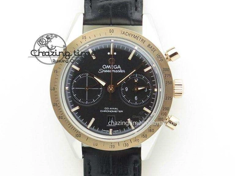 0517 Trendsetting Speedmaster ’57 SS Chrono AXF Best Edition RG Bezel Black Dial on Black Leather Strap A 8283